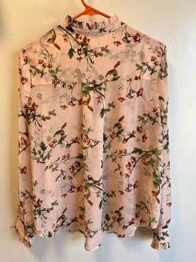 Forever 21 Pink Floral Ruffle-Neck Long Sleeve Blouse
